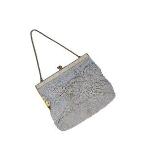 Vintage 50s 60s Beaded Embroidered Purse  Kiss Lock Clasp Metal Frame Handmade